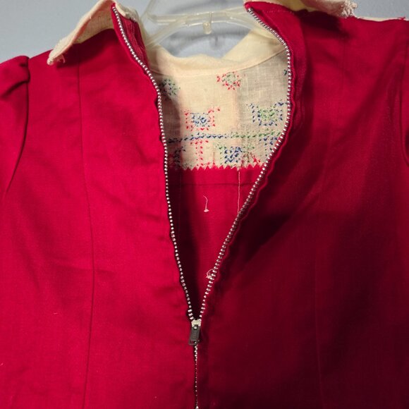 Vintage 70s Girls Red Long Sleeve Dress with Cross-stitch Detailing, 8 - Picture 5 of 7